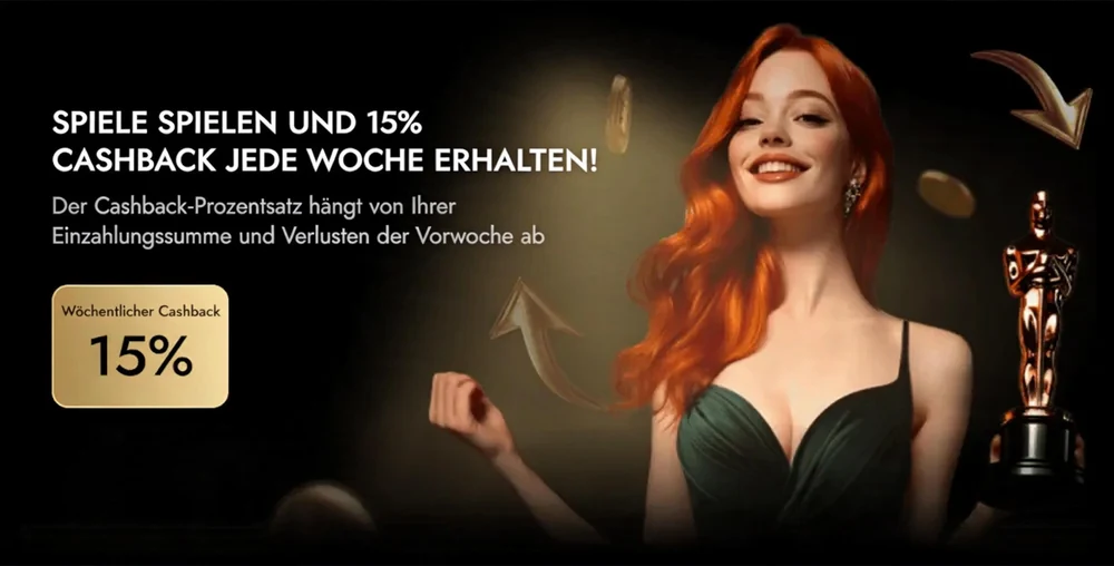 Oscar Spin 15% wöchentlicher Cashback Werbebanner mit Oscar Statue